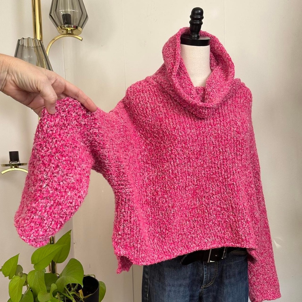 Free People Pink Oversized Boxy Cropped Cowl Neck Sweater XS